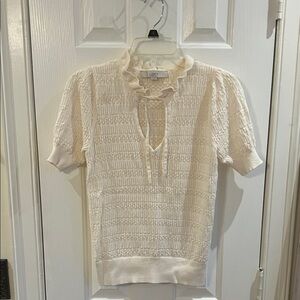 LOFT Ivory Knit Ruffle Short Sleeve